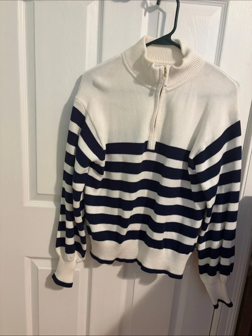 J. Crew White & Navy Striped Half-Zip Sweater